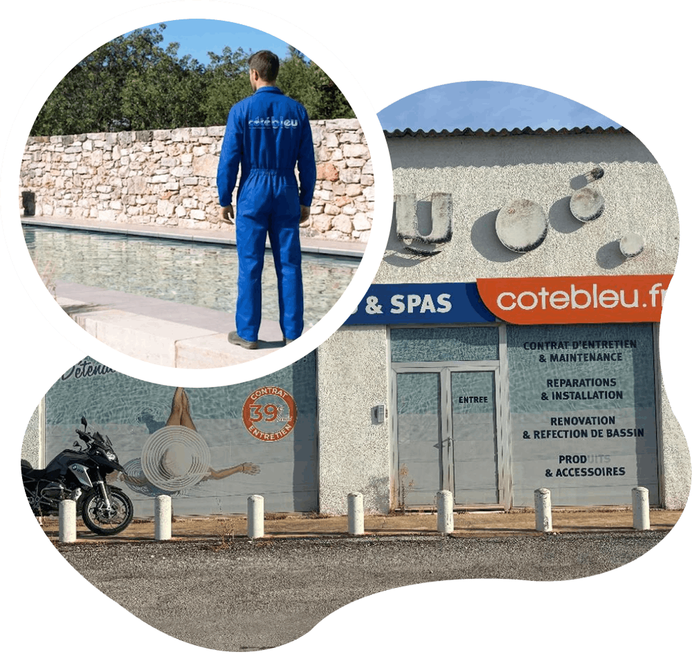 Pisciniste devant une piscine et devanture de l'atelier Côté Bleu près de Montpellier Pisciniste devant une piscine et devanture de l'atelier Côté Bleu près de Montpellier
