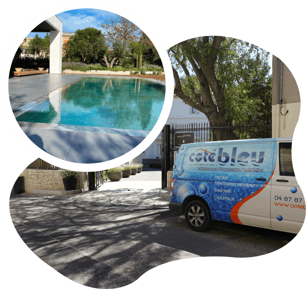 Deux photos d'une piscine et du véhicule d'entretien de Côté Bleu près de Montpellier